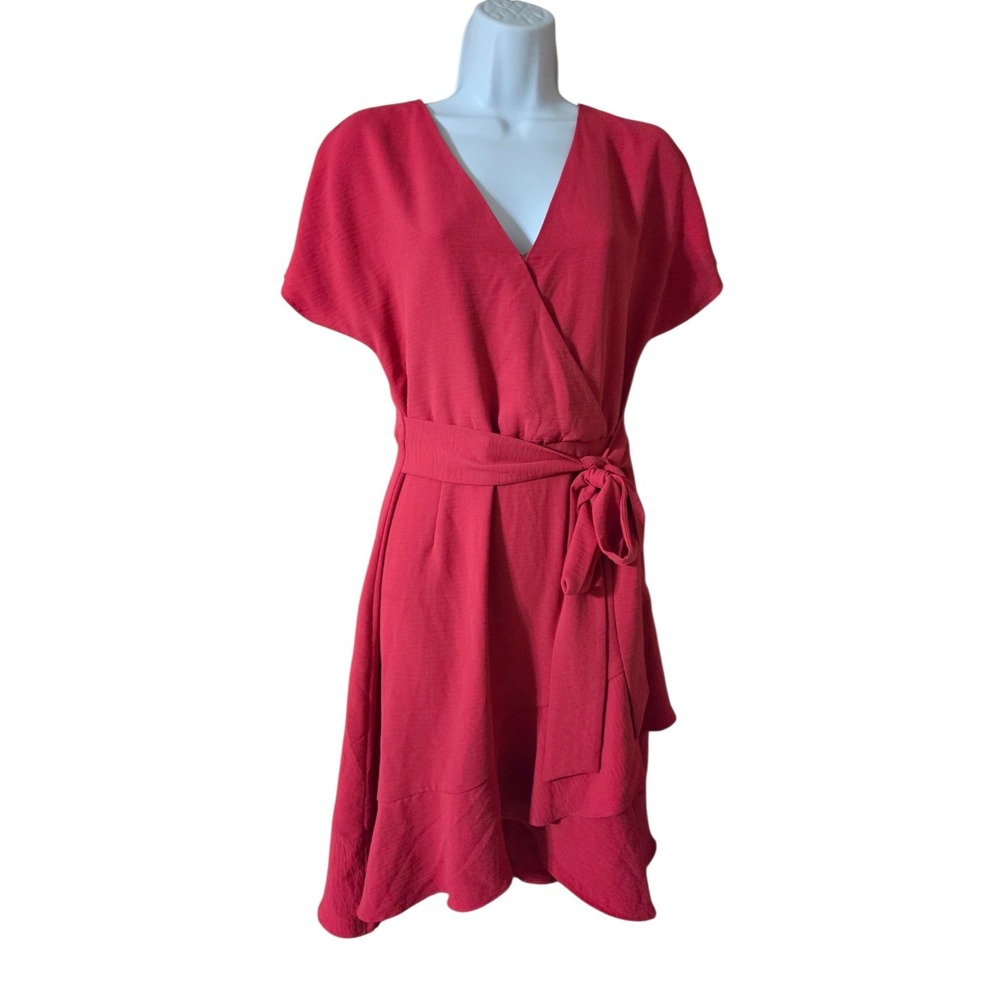 Pink Faux Wrap Tulip-Ruffle-Hem Short-Sleeve V-Neck A-Line Dress S Express